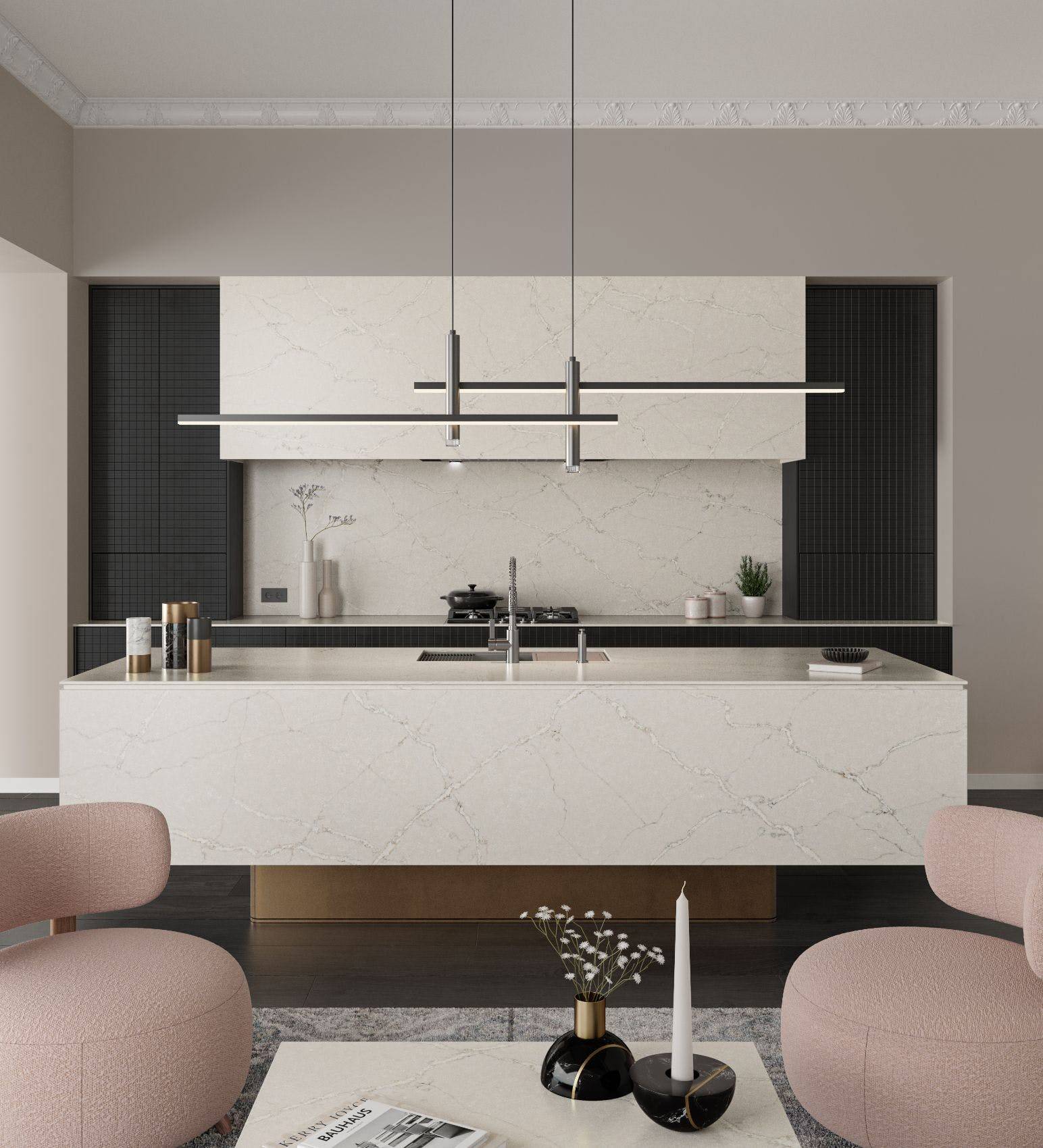 Qui installe des plans de travail en quartz beige et doré sur le bassin d'arcachon