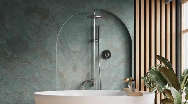 Plan de travail de salle de bain avec de la Céramique techlam verte - coloris Amazonia en Gironde 33