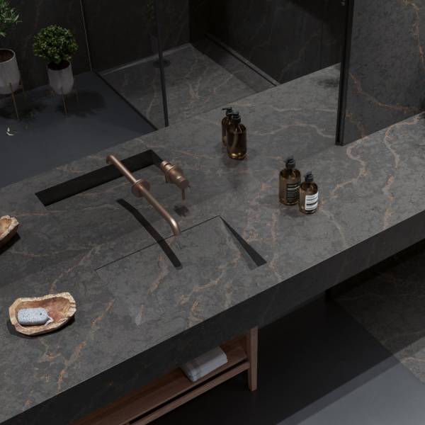 Meuble vasque et plan de toilette en chute de Silestone Bohemian Flame à -40% en Gironde.