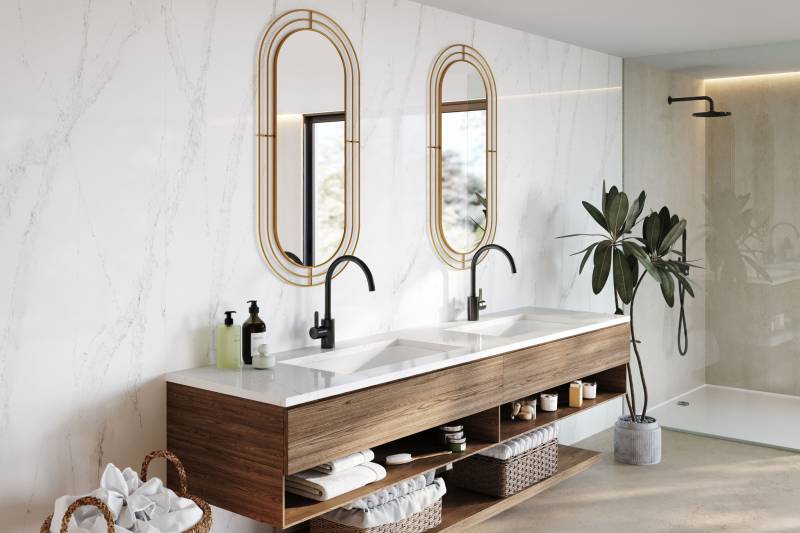 Recherche marbrier de décoration pour un plan de travail de salle de bain en Bronze Rivers de Silestone près de Bordeaux 33