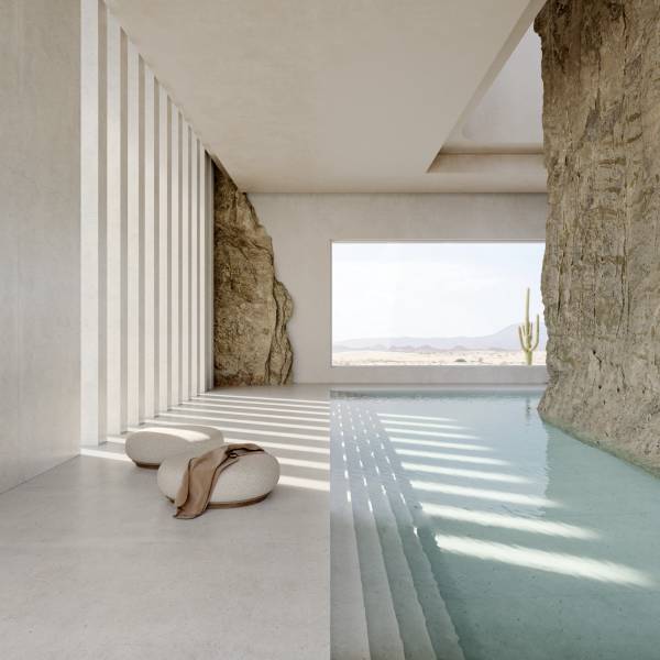 Revêtement mural en Dekton aux aspect de pierre naturelle beige en Aquitaine