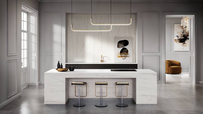 Réalisation d'un plan de travail en Eclos Ivora dans une cuisine moderne avec des jambages sur le Bassin d'Arcachon 33