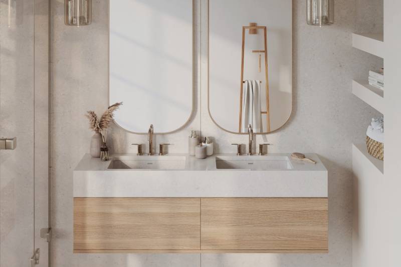 Plan de travail avec vasques intégrées en Silestone Motion Grey pour votre salle de bain dans les landes 40