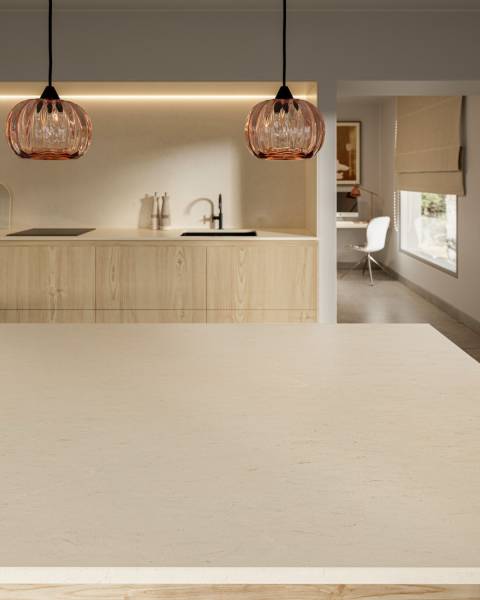 Îlot de cuisine vu de près en finition suede (mate) aux alentours de Bruges. 