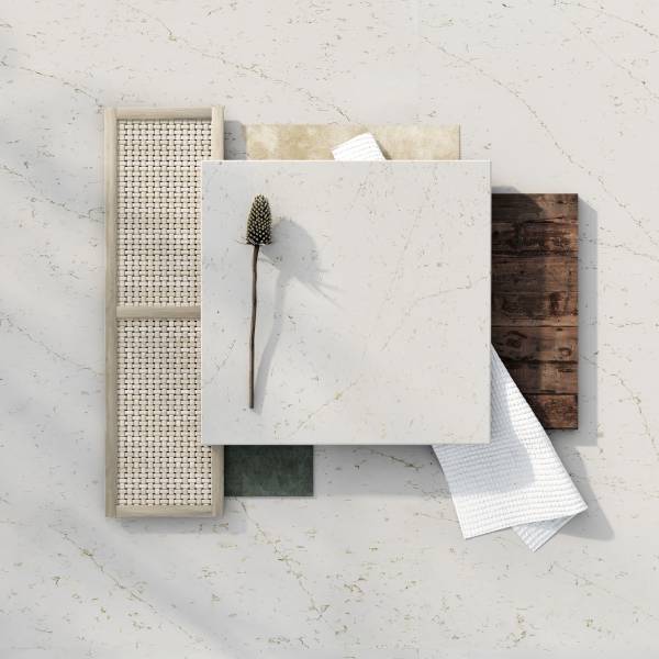 Mood board avec le quartz Silestone XM Persian White