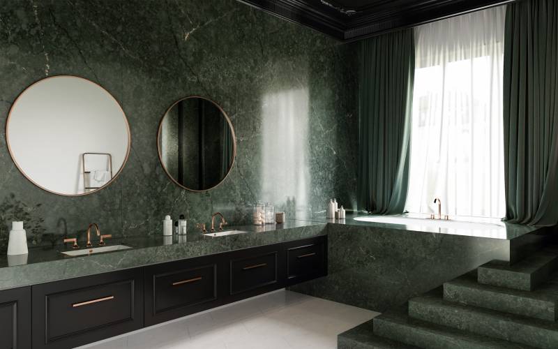Quel marbrier installe des plans de travail de salle de bain en Quartz Silestone Jardin Emerald de couleur verte sur le Bassin d'Arcachon?