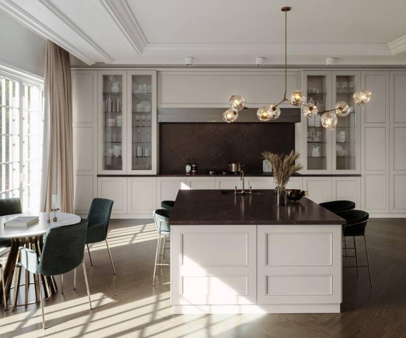 Plan de travail sur ilot de cuisine en quartz marron avec veinage doré à Langon 33