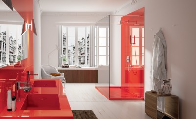 Plan de travail de couleur rouge pour salle de bain en Gironde 